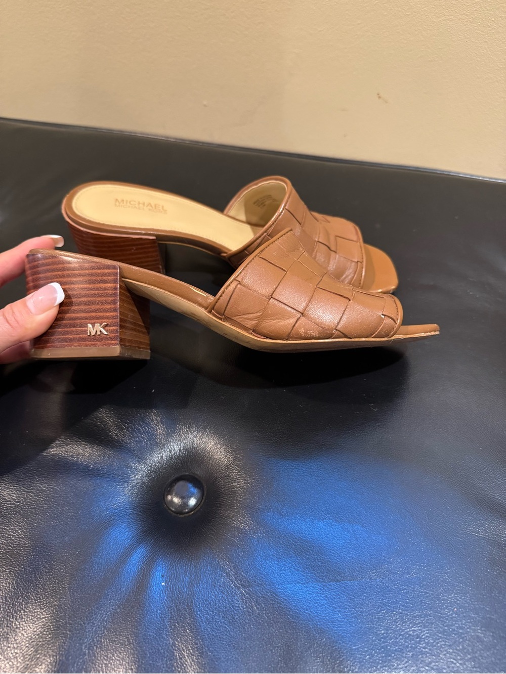 Michael Kors Cognac Woven Leather Block Heel Mules